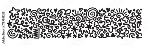 A chaotic collection of hand drawn doodle elements in a long horizontal banner. Funky abstract symbols including stars, hearts, and swirls for modern pop art or retro design