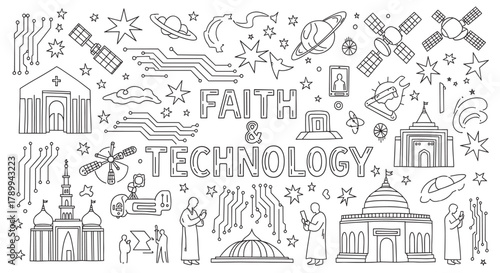 Conceptual doodle of faith and technology integration with church, mosque, and satellite icons. Outline drawing exploring the relationship between religion and scientific progress