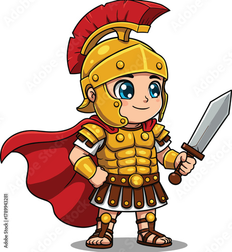 Cartoon Roman soldier mascot with golden armor, red cape, and sword, confident historical character illustration for children’s media and education
