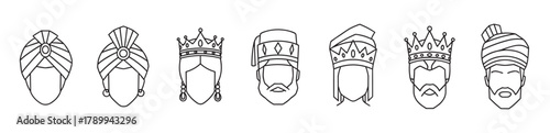 Set of royal head icons with kings and queens in a minimal line art style. Collection of diverse monarch and sultan characters with crowns and turbans for graphic design