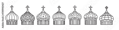 Set of russian orthodox church domes with crosses in a minimalist line art style. Collection of traditional onion dome icons for religious and cultural graphic design projects