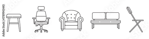 Furniture line icon set with various types of seating. Collection includes an office chair, armchair, sofa, and stool. Minimalist outline symbols for interior design concepts
