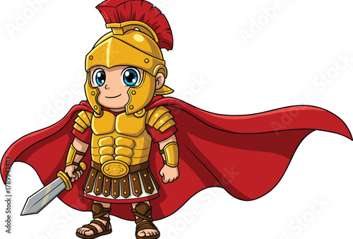 Cartoon Roman soldier mascot with golden armor, red cape, and sword, playful historical character illustration for children’s media and education
