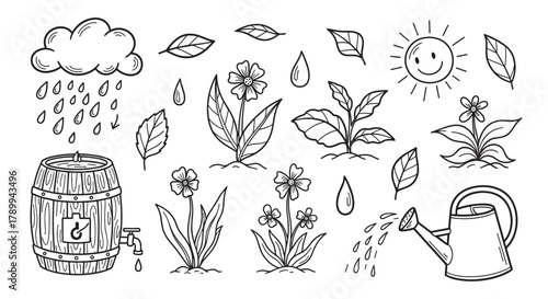 Gardening and nature doodle icon set in a hand drawn style. Spring season elements including flowers plants rain barrel and watering can for ecological concepts