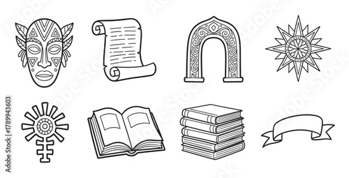 Set of fantasy adventure icons in a hand drawn style. Collection includes tribal mask, ancient scroll, magic portal, and books for role playing games or historical concepts