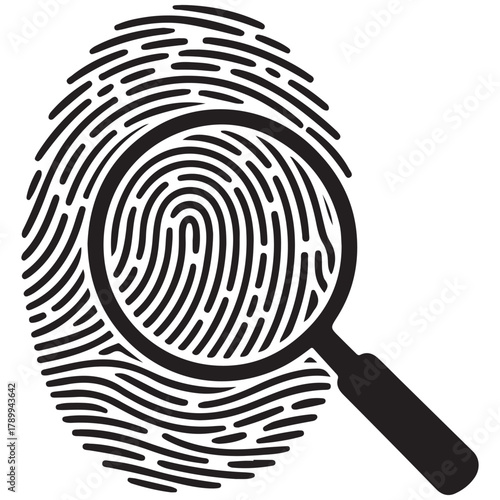 Magnifying glass examining a detailed fingerprint for forensic investigation