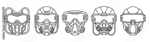 Collection of futuristic gas masks and tactical helmets in a clean outline style. Sci fi soldier headgear with respirators for video game or cyberpunk character design