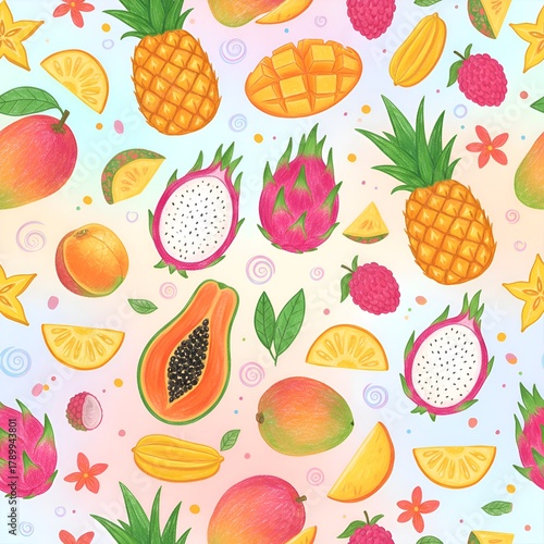 Vibrant Seamless Pattern of Tropical and Exotic Fruits: Dragon Fruit, Mango, Pineapple, and Papaya