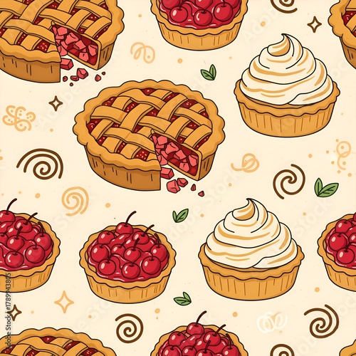 Vector Wallpaper of Sweet Baked Goods: Lattice Pie Crusts and Whipped Cream on a Warm Background