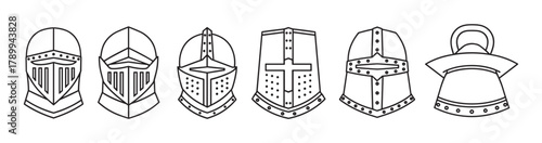 Collection of medieval knight helmets in a simple line art style. Set of historical warrior headgear icons for logos or emblems. Minimalist black and white graphic elements