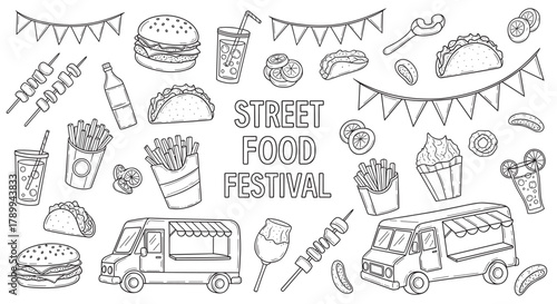 Street food festival doodle set with various fast food icons like burgers and tacos. Hand drawn black and white collection with food trucks for menu design or coloring pages