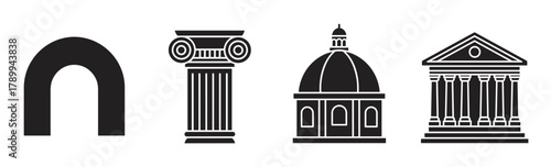 Set of classical architecture icons featuring an arch column dome and temple building. Minimalist black glyph symbols for history law government or educational concepts