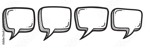 A set of four hand drawn speech bubbles in a black and white doodle style. Blank comic book text balloons for communication concepts or placing quotes and dialogue
