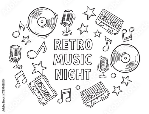 Retro music night concept with hand drawn vintage elements. Doodle collection of vinyl records, cassette tapes, and old microphones for a party poster or event flyer design