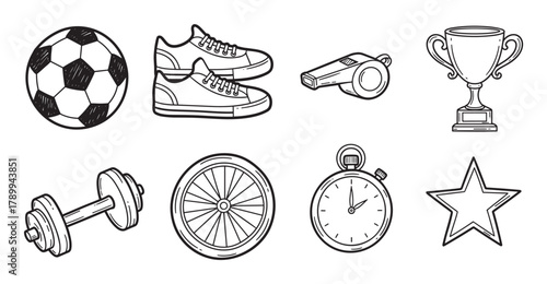 Hand drawn collection of sports and fitness equipment icons. Doodle style set with a soccer ball, trophy, dumbbell, whistle, and stopwatch for athletic or competition themes