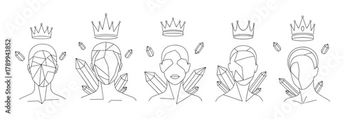 Abstract line art set of female portraits with crowns and healing crystals. Esoteric symbols for mystical branding. Minimalist geometric queen icons for spiritual concepts