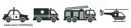 Emergency services vehicle icon set in a flat glyph style. Collection of transport symbols including a police car, ambulance, fire truck, and rescue helicopter for web design