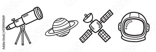 Set of hand drawn icons representing space exploration and astronomy. This collection includes a telescope, a ringed planet, a satellite, and an astronaut helmet