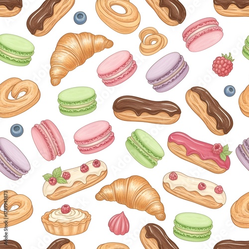 Sweet Seamless Pattern of Hand-Drawn French Pastries: Croissants, Macarons, and Eclairs