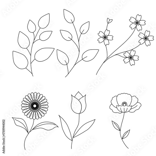 Floral design set with blooming flowers and leaves in vintage vector style