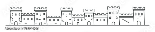 Medieval castle wall with towers and battlements in a simple line art style. Minimalist fortress or citadel icon for history, security and fantasy themes isolated on white