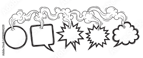 A collection of hand drawn comic speech bubbles with steam coming out. Doodle sketch of dialogue boxes and explosion shapes for communication. Black and white thought balloon elements