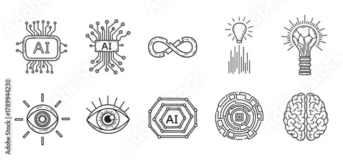 Artificial intelligence icon set with technology symbols for machine learning. Minimal line art collection includes brain, microchip, eye, and lightbulb elements