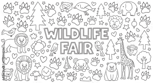 Wildlife fair lettering with a collection of cute cartoon animals for coloring. Doodle set of safari and forest creatures like lion, bear, elephant and giraffe