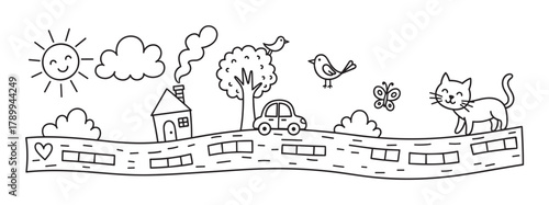 Simple doodle of a summer landscape with a house, car, cat, and bird. Hand drawn black and white outline elements for a children's coloring book or nursery decor