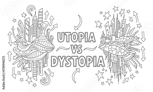 Conceptual line art comparing utopia versus dystopia with two contrasting futuristic cityscapes. Hand drawn black and white doodle for a coloring book page or creative project