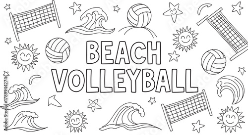Set of beach volleyball line art elements for coloring pages. This fun summer sports collection includes a ball, net, cute sun, and ocean waves for children's activities