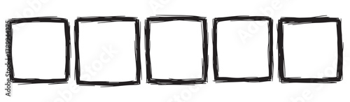 Set of five hand drawn rectangular frames with a rough sketch texture. Grunge doodle borders for comics or storyboards. Minimalist black ink scribble elements for design