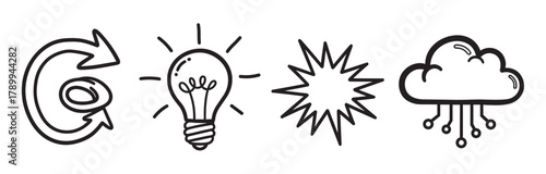 Hand drawn icon set for business innovation and technology concepts. Includes symbols for process, creative ideas, impact, and cloud computing for presentations or websites