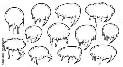Set of melting speech bubbles in a doodle style. Hand drawn comic book dialogue boxes with dripping liquid effect for creative communication concepts or graffiti art designs