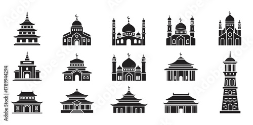 Collection of islamic mosque and asian temple icons. Set of religious architecture building silhouettes for graphic design. Cultural landmark symbols isolated on white