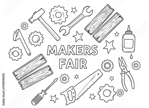 Makers fair concept with a collection of hand drawn workshop tools. Black and white doodle set for diy projects, crafting events, and woodworking or engineering activities