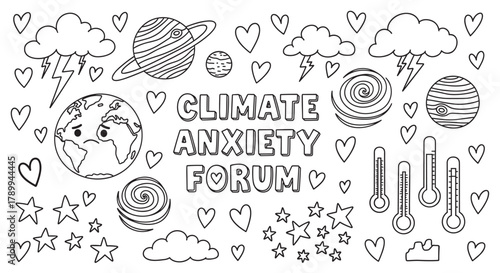 Climate anxiety forum doodle set with sad planet earth and global warming icons. Hand drawn outline collection of environmental symbols for mental health and eco awareness