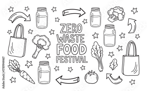 Zero waste food festival concept with hand drawn doodle elements. Set of eco friendly icons including reusable jars, tote bags and fresh vegetables for sustainable living