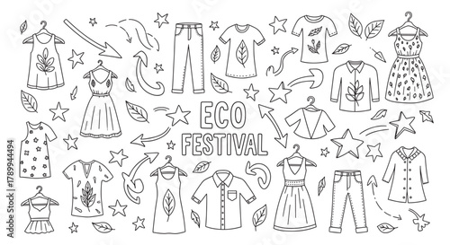 Sustainable fashion collection for an eco festival or swap party. Hand drawn doodle set of secondhand clothing, recycled apparel and ethical wardrobe elements