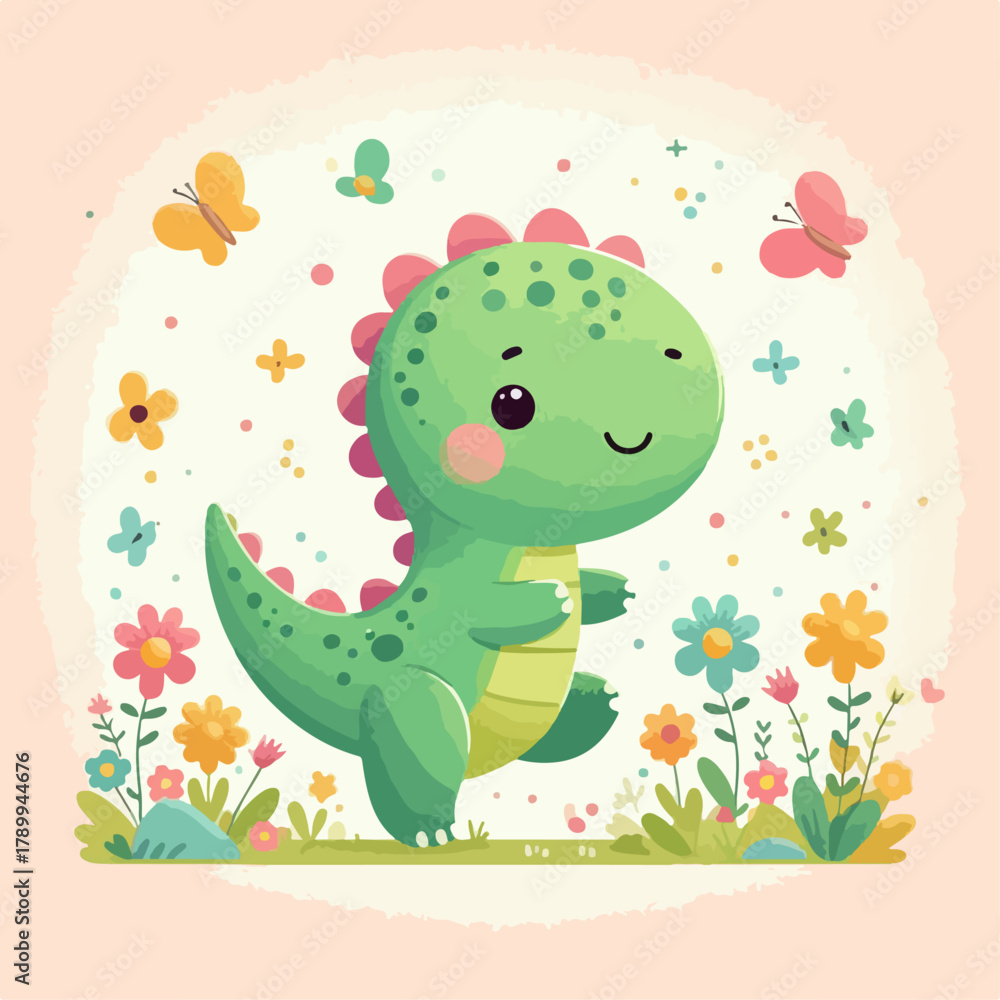 Obraz premium Cute green dinosaur cartoon illustration