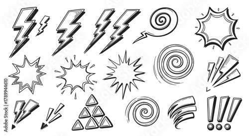 Hand drawn comic book elements set with lightning bolts and explosion bubbles. Retro pop art doodle collection for dynamic graphic design and sound effects