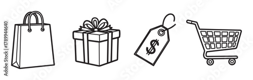 Shopping and retail icon set with hand drawn elements for commerce. Includes a shopping bag, gift box, price tag, and cart for e-commerce or online store design