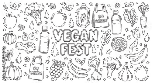 Vegan fest doodle set with healthy food and eco friendly items. Hand drawn collection of fruits, vegetables, and go green elements for a plant based lifestyle concept