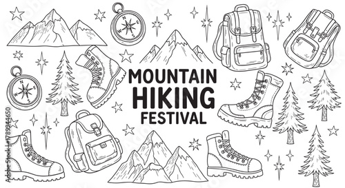Mountain hiking festival concept with hand drawn camping equipment. Doodle set includes backpack, boots, compass, and pine tree icons for outdoor adventure and tourism