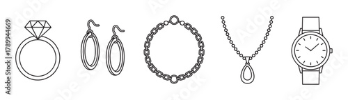 Jewelry and accessories icon set in a minimal line art style. A collection of luxury goods including a diamond ring, earrings, bracelet, necklace, and watch for graphic design