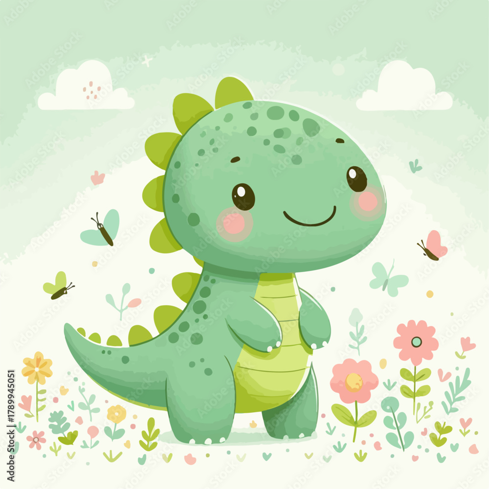 Obraz premium Cute green dinosaur cartoon illustration