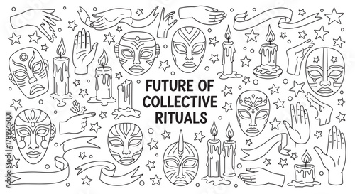 Future of collective rituals concept with esoteric symbols. Hand drawn collection of tribal masks, magic hands, and candles for spiritual or mystical design projects