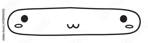A cute hand drawn kaomoji face with a happy expression inside a long capsule shape. Minimalist black and white line art character for web banners, buttons or stickers
