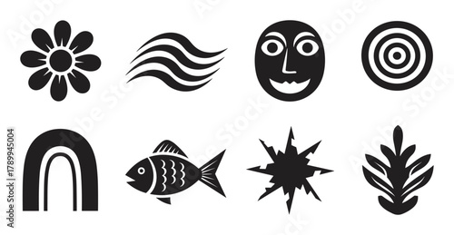 Set of abstract black and white icons with nature and geometric elements. Minimalist collection includes a flower, fish, tribal mask, and other simple shapes for creative projects