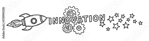 Hand drawn innovation word with rocket launch and gears. Business startup concept for creative ideas and technology development. Doodle sketch for project success metaphor